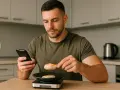 Mężczyzna sprawdza na telefonie, jak się liczy kalorie, ważąc kawałek kurczaka na kuchennej wadze.
