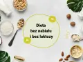 Składniki do diety bez nabiału: mleko roślinne, orzechy, wiórki kokosowe, migdały.