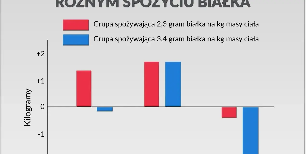 Wykres pokazuje, ile białka dziennie na redukcji jest optymalne. Grupa spożywająca 3,4g/kg masy ciała straciła więcej tkanki tłuszczowej.