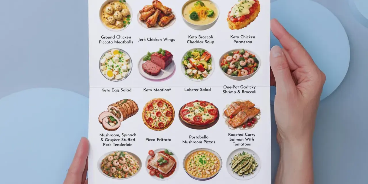 Post przerywany jadłospis: menu keto z różnorodnymi daniami, od klopsików z kurczaka po pieczonego łososia.