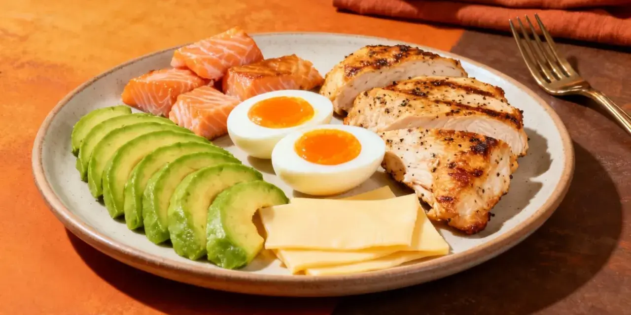 Talerz z łososiem, kurczakiem, jajkami, awokado i serem – idealny na dieta keto jadłospis.