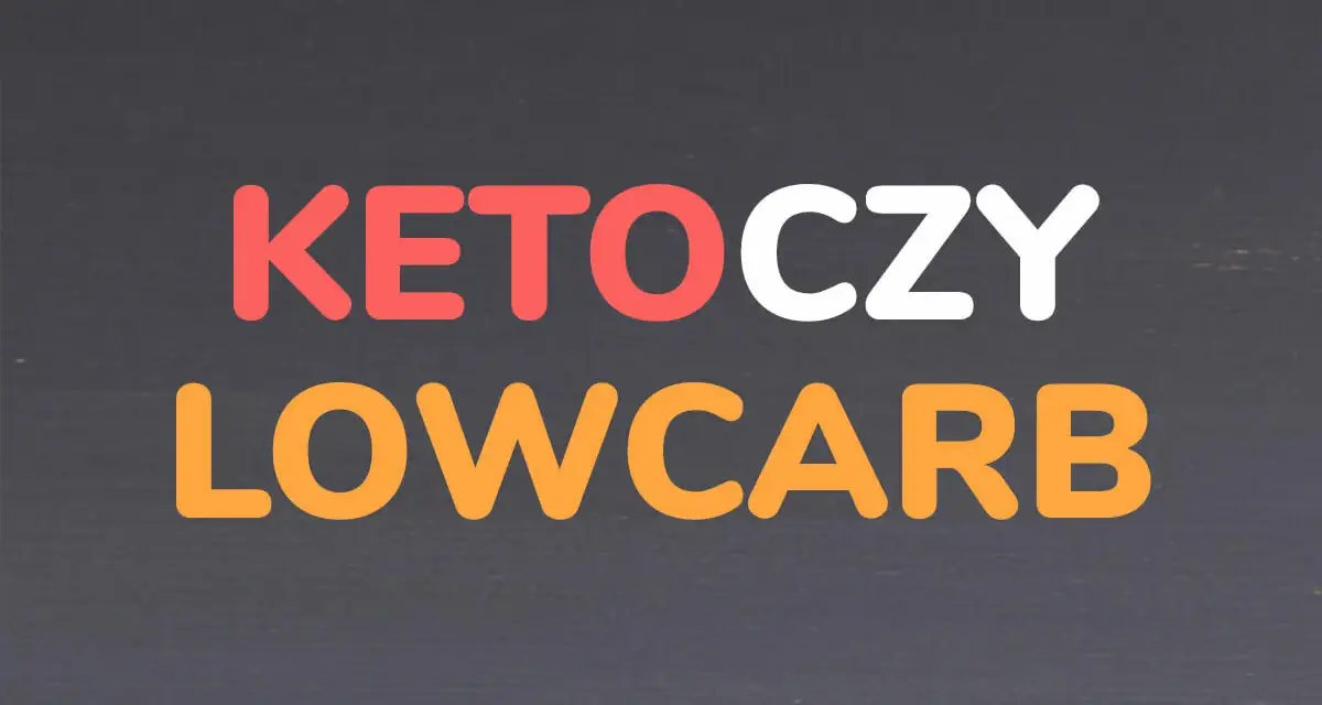 Napis KETO CZY LOW CARB w kolorach czerwonym, białym i pomarańczowym na ciemnym tle.