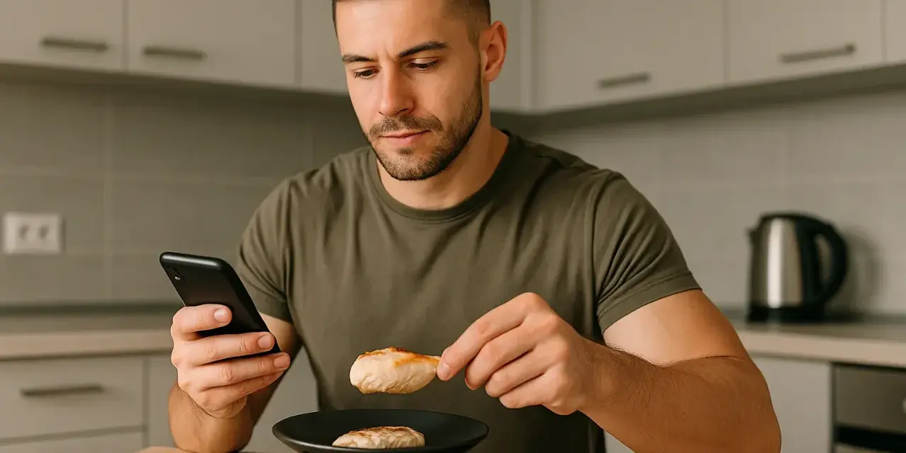 Mężczyzna sprawdza na telefonie, jak się liczy kalorie, ważąc kawałek kurczaka na kuchennej wadze.