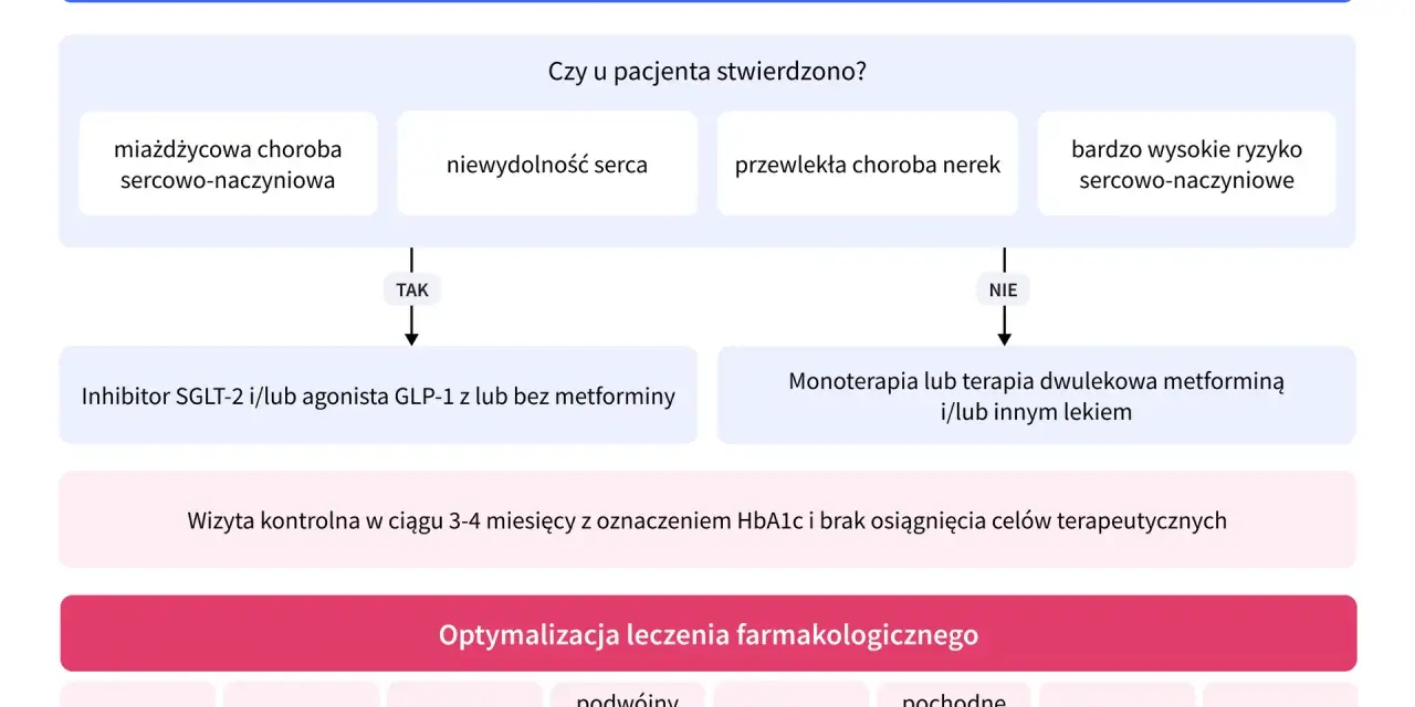 Schemat leczenia cukrzycy typu 2. Czy da się wyleczyć cukrzycę? Decyzje terapeutyczne zależą od chorób współistniejących i ryzyka sercowo-naczyniowego.