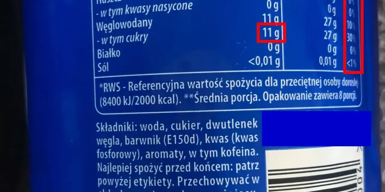 Etykieta piwa bezalkoholowego pokazuje 11g cukru na 100ml, co może podnosić cukier.