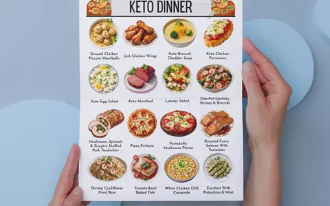 Post przerywany jadłospis: menu keto z różnorodnymi daniami, od klopsików z kurczaka po pieczonego łososia.