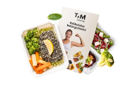 Pudełka z jedzeniem i ulotka "Kalkulator kaloryczności" od T&M Catering. Dieta pudełkowa 1200 kcal to zdrowy wybór.