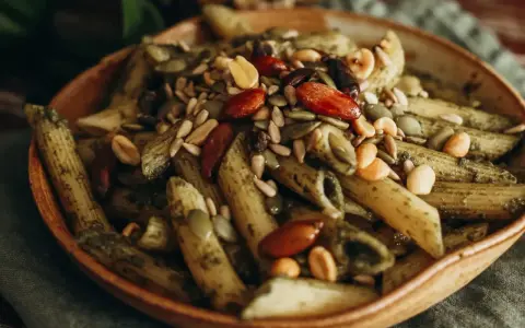 Makaron penne z zielonym pesto, posypany pestkami dyni, słonecznika, migdałami i orzeszkami ziemnymi. Idealny na dietę braci rodzeń.