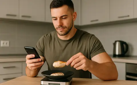 Mężczyzna sprawdza na telefonie, jak się liczy kalorie, ważąc kawałek kurczaka na kuchennej wadze.