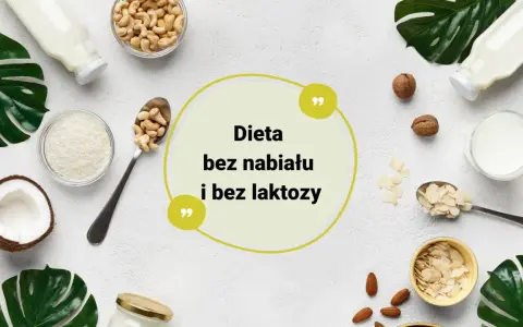 Składniki do diety bez nabiału: mleko roślinne, orzechy, wiórki kokosowe, migdały.
