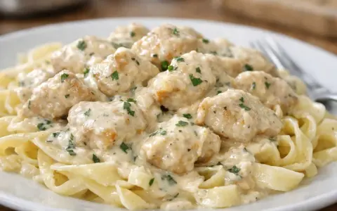 Pyszny keto kurczak w sosie śmietanowym na tagliatelle, posypany natką pietruszki. Idealny na lekki obiad.