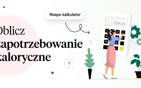 Jak obliczyć zapotrzebowanie kaloryczne? Kobieta z kalkulatorem i ikonami sugeruje łatwe rozwiązanie.