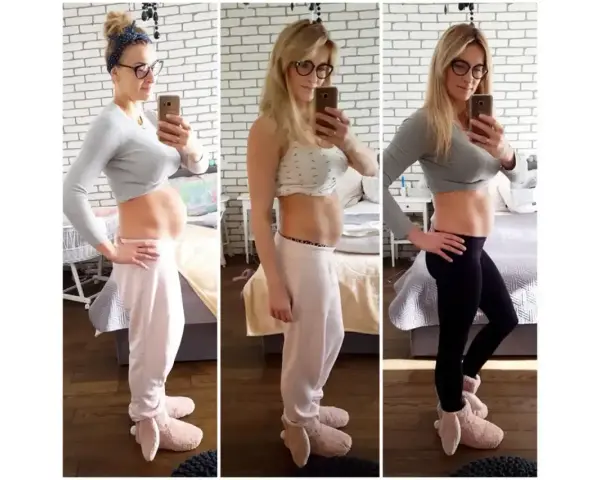 Trzy zdjęcia pokazują metamorfozę kobiety po ciąży. Widać, jak schudnąć po ciąży, dzięki zmianom w sylwetce.