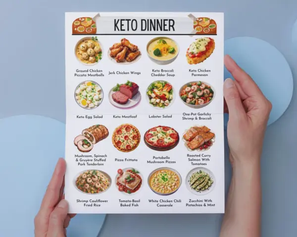 Post przerywany jadłospis: menu keto z różnorodnymi daniami, od klopsików z kurczaka po pieczonego łososia.