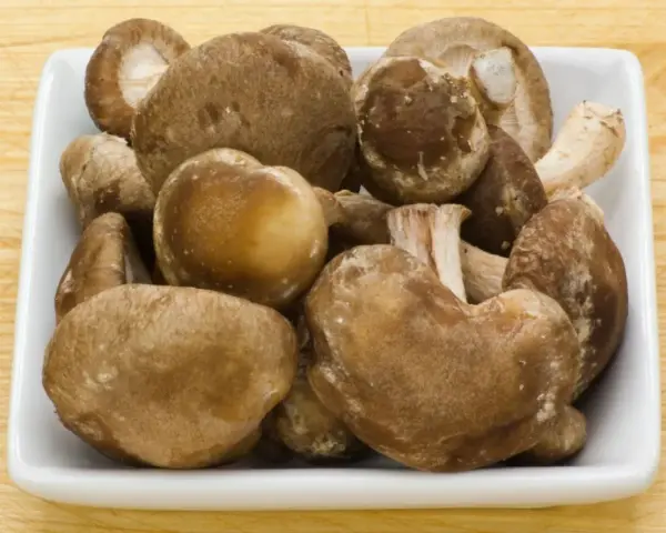 Świeże grzyby shiitake w białej misce, idealne na keto dietę.
