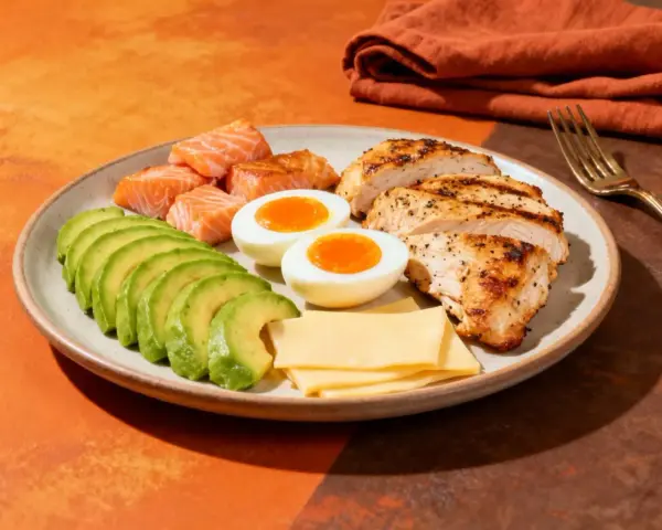Talerz z łososiem, kurczakiem, jajkami, awokado i serem – idealny na dieta keto jadłospis.
