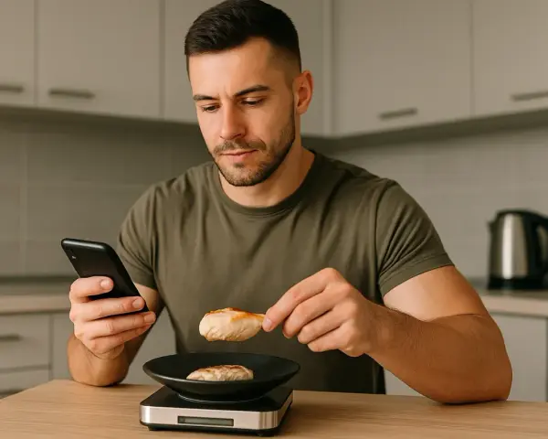 Mężczyzna sprawdza na telefonie, jak się liczy kalorie, ważąc kawałek kurczaka na kuchennej wadze.