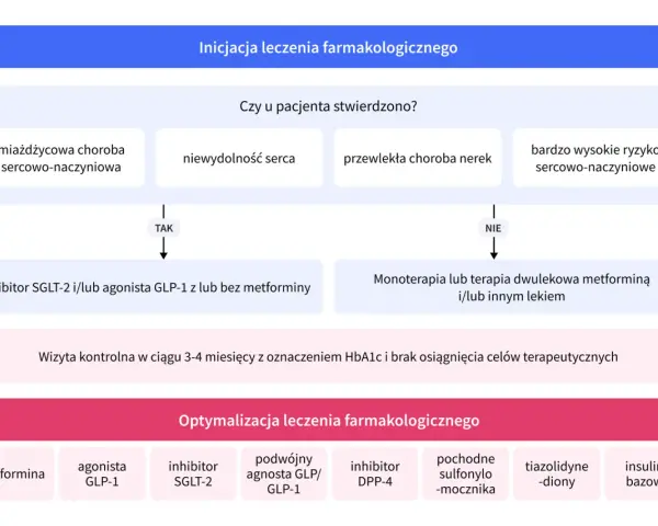 Schemat leczenia cukrzycy typu 2. Czy da się wyleczyć cukrzycę? Decyzje terapeutyczne zależą od chorób współistniejących i ryzyka sercowo-naczyniowego.