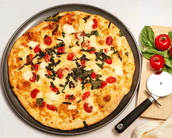 Pyszna pizza z serka wiejskiego, pomidorkami koktajlowymi i bazylią. Idealna na szybki obiad.
