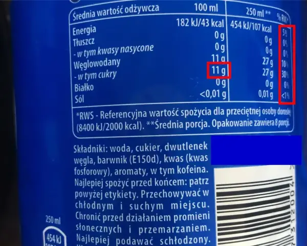 Etykieta piwa bezalkoholowego pokazuje 11g cukru na 100ml, co może podnosić cukier.