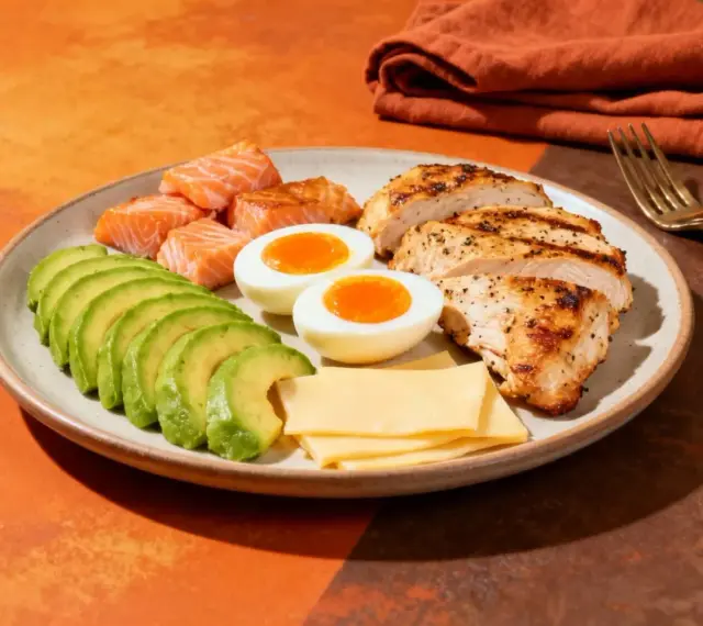 Talerz z łososiem, kurczakiem, jajkami, awokado i serem – idealny na dieta keto jadłospis.