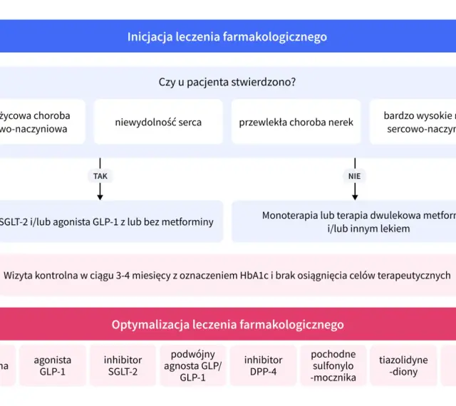Schemat leczenia cukrzycy typu 2. Czy da się wyleczyć cukrzycę? Decyzje terapeutyczne zależą od chorób współistniejących i ryzyka sercowo-naczyniowego.