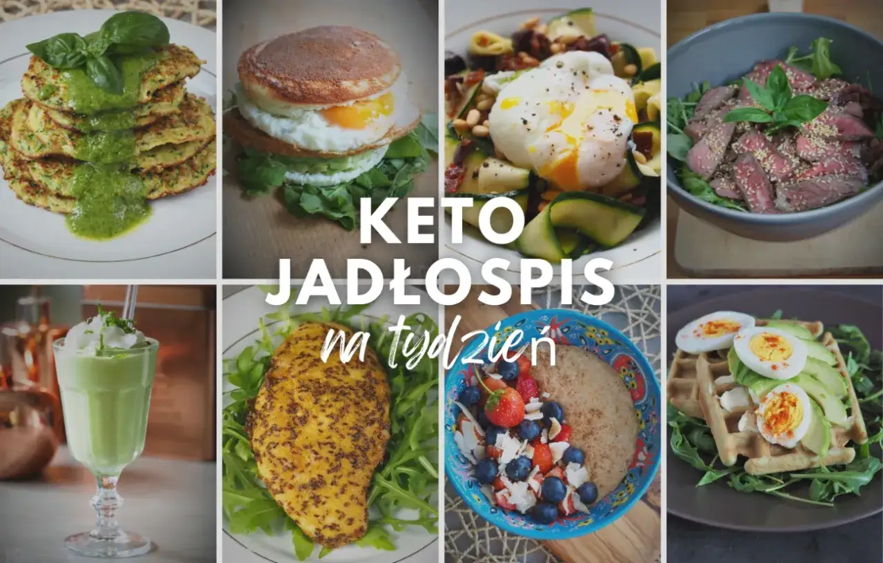 Keto jadłospis na tydzień: placki cukiniowe, jajko sadzone z awokado, sałatka z jajkiem i warzywami, stek, kurczak, owsianka z owocami i gofry.