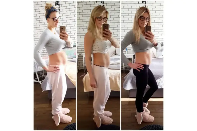 Trzy zdjęcia pokazują metamorfozę kobiety po ciąży. Widać, jak schudnąć po ciąży, dzięki zmianom w sylwetce.