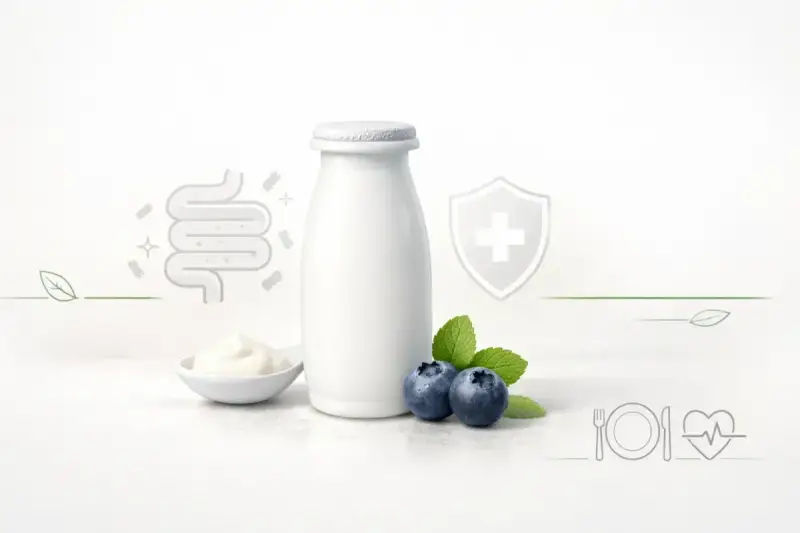 Biała butelka z jogurtem, jagody i liście mięty. Grafika jelit i tarczy sugeruje, że czy Actimel to probiotyk wspierający zdrowie.
