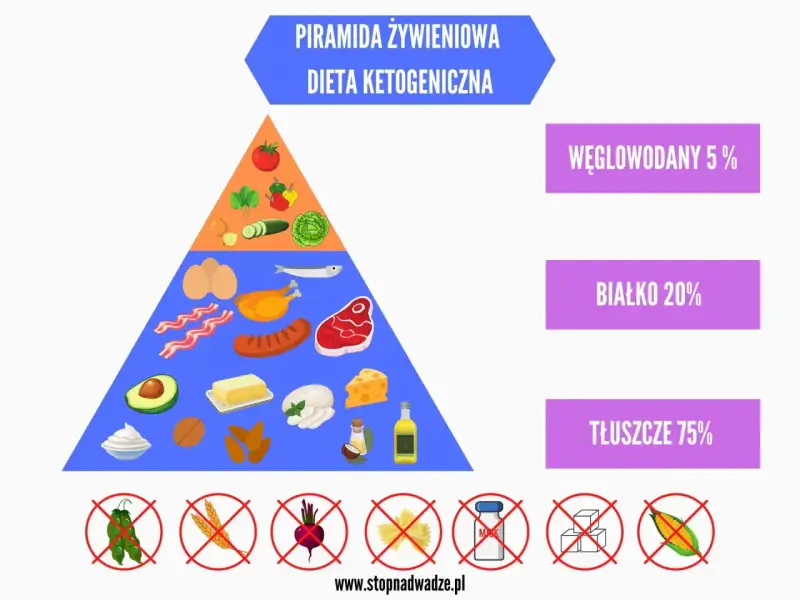 Piramida diety ketogenicznej: ile węglowodanów na keto? 5% węglowodanów, 20% białka, 75% tłuszczu. Zakazane: fasolka, zboża, buraki, makaron, cukier, kukurydza.