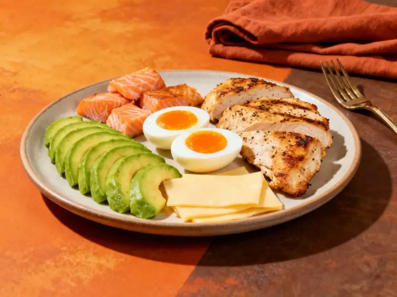 Talerz z łososiem, kurczakiem, jajkami, awokado i serem – idealny na dieta keto jadłospis.