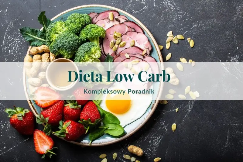 Talerz z jedzeniem na diecie low carb: brokuły, wędlina, jajko sadzone, truskawki i orzeszki. Idealne proporcje dla zdrowia.