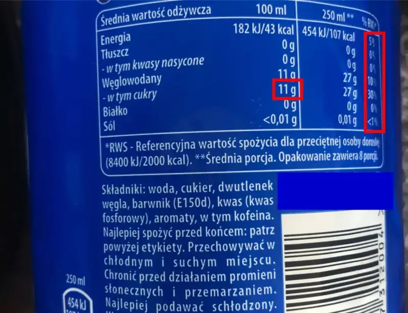 Etykieta piwa bezalkoholowego pokazuje 11g cukru na 100ml, co może podnosić cukier.