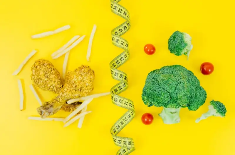 Po lewej frytki i panierowany kurczak, po prawej brokuły i pomidorki. Miarka krawiecka symbolizuje, że dzięki diecie low carb schudłam.